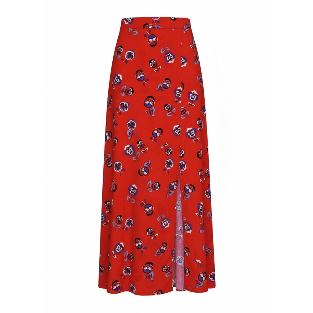 Express Bright Red Floral Faux Wrap Maxi Skirt XS High Waist Slit Flowy Rayon